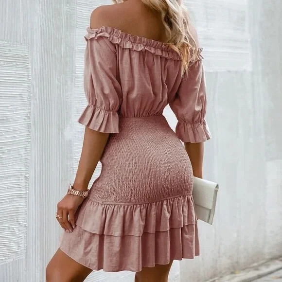 Simplee Women's shirred stretchy body, Bell sleeve Dusty Pink dress Size M - Picture 2 of 14